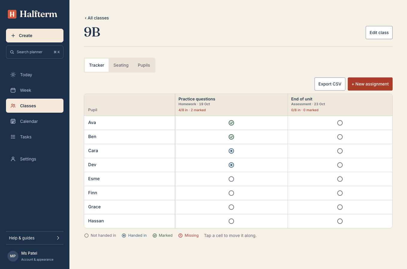 Tracker screen in the working planner, with an invented example timetable and pupil names.