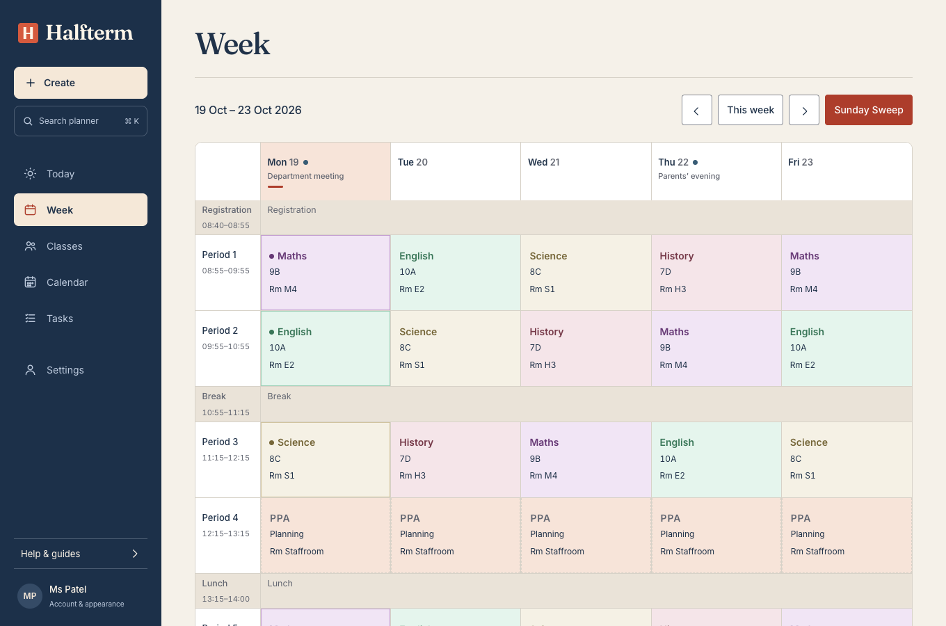 Week screen in the working planner, with an invented example timetable and pupil names.